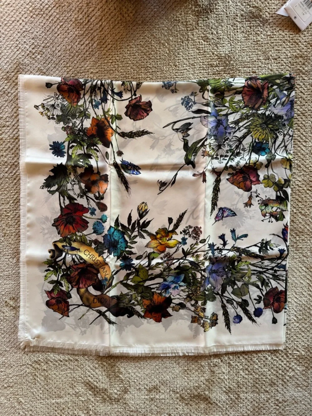 Christian Dior White Floral Butterfly Silk Scarf 90 Square Scarf